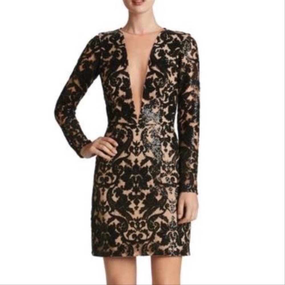 Dress The Population Claudia Dress W/ Plunging Illusion Sequin Lace Mini Dress